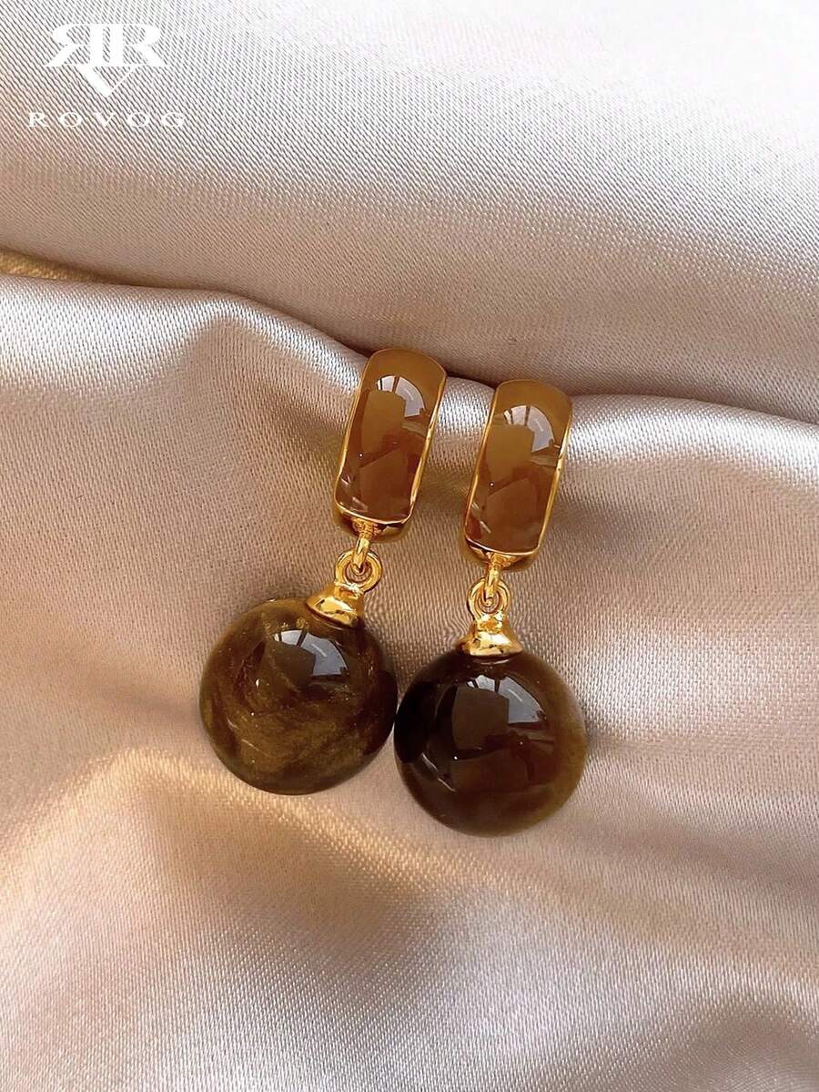 1 Pair Fashionable Elegant Faux Tiger Eye Stone Earrings Suitable For Women To Wear At Autumn/Winter Parties And Gatherings - Brown - View 1