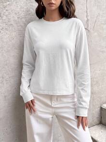 GLAMSKIN Women's Color Block Striped Crew Neck Long Sleeve T-Shirt, Minimalist Loose Fit Autumn Basic Style, Suitable For Daily Wear And Office Commute - White - View 2