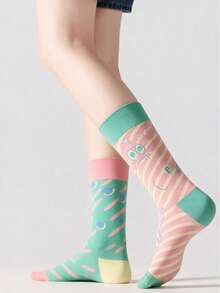 Cartoon Women's Knee-High Socks, College Style Asymmetrical Design Couple Socks - Multicolor - View 6