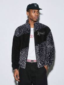 Modcrash Men's Autumn/Winter Daily American Retro Dark Street Style Leopard Print Patchwork Cross Embroidery Stand Collar Long Sleeve Jacket Regular Fit Casual - Black - View 1
