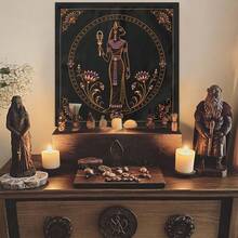 1pc Egyptian Bastet Cat Goddess Tarot Cloth, Witchy Square Altar Cloth Tarot Oracle Card Reading Mat, Golden Lotus Hieroglyph Print Table Cover Spiritual Home Decor - Multicolor - View 8