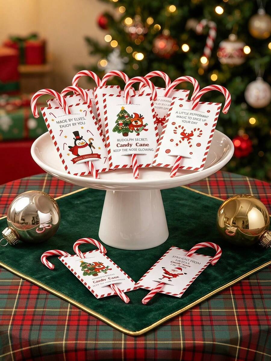 Joivida 48PCS Christmas Candy Cane Holder Cards, Santa & Reindeer Pattern, Holiday Party Favors, Gift Packaging, Tabletop Decorations