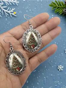 1pair Christmas Tree Oval Glass Dome Dangle Earrings, Retro Ornate Frame Hook Drop Earrings, Winter Holiday Party Jewelry Gift For Women - Silver - View 5