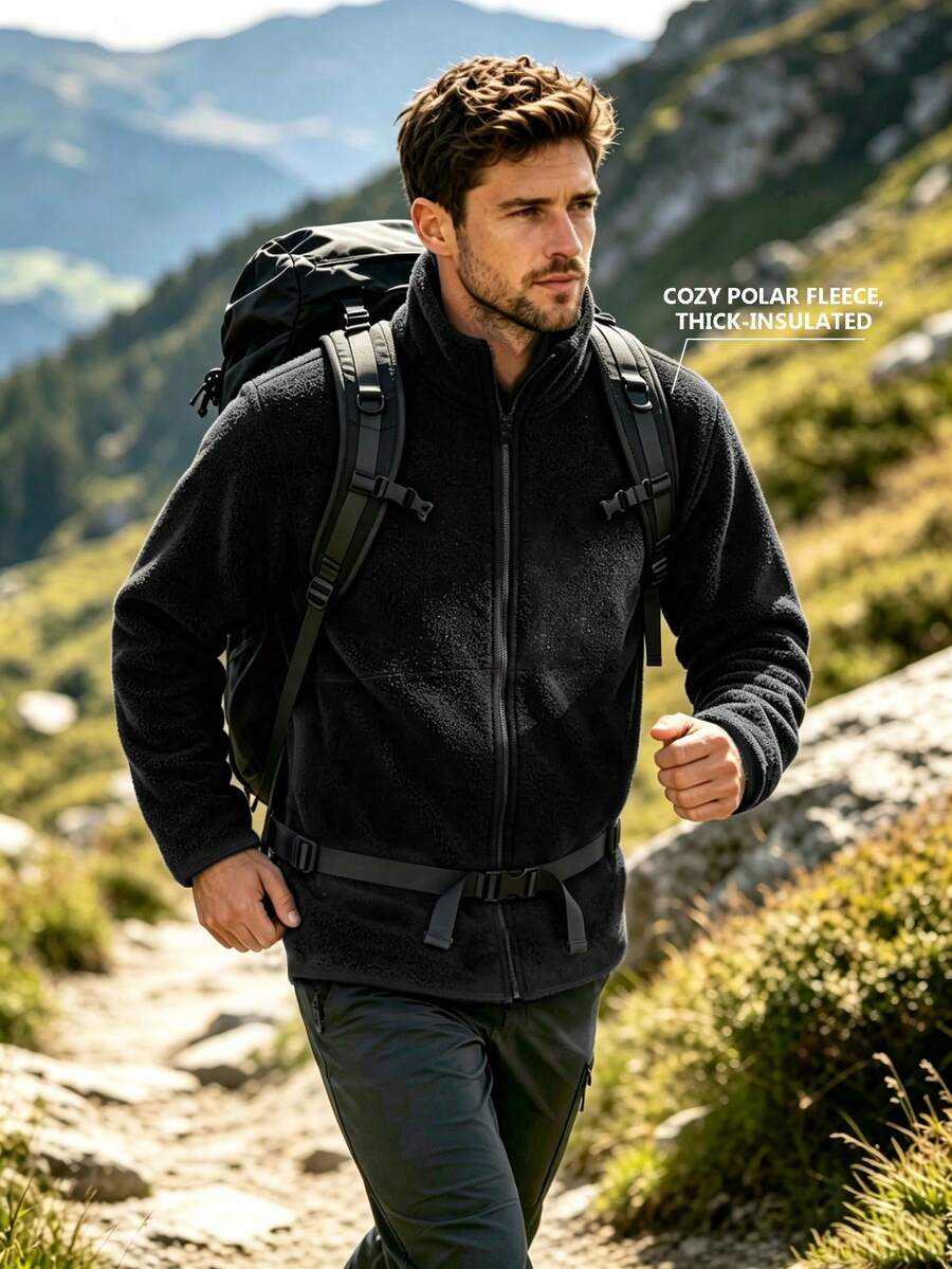 Men's Fleece Zip-Up Stand Collar Warm Jacket, Outdoor Sports Hiking Camping Climbing Jacket, Practical Side Pockets Casual Coat