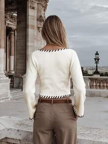 NiceArt Women's Autumn Vintage White Square Neck Contrast Trim Fitted Knit Sweater, Wool Blend, Suitable For Winter Wear, Office Commute, Dating - Apricot - View 2