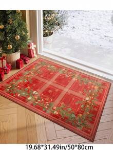 1pc Christmas Tree, Bow And Bell Pattern Red Plaid Runner Rug, Non-Slip And Washable, Perfect For Living Room, Bedroom, Hallway, Indoor And Outdoor Use, Easily Create Cozy Christmas Home Decor And Room Decoration - Red - View 6
