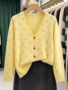BYGOUBY Autumn/Winter Floral V-Neck Front Button Long Sleeve Knit Cardigan, Fashion Casual Soft Sweater Jacket - Yellow - View 9