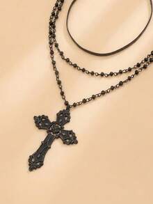 2pcs Vintage Gothic Dark Style Cross Multi-Layer Necklace For Women, Black Leather Cord Beaded Three-Layer Stacked Choker Collar Chain, Baroque Punk Sweet Cool Niche Design Neck Chain, Party Versatile Brightening Skin - Black - View 2