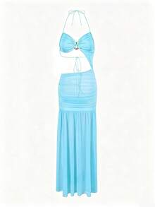 Women's Metal Decor Pleated Hollow Sexy Vacation Cover-Up Halter Neck Dress - Blue - View 7