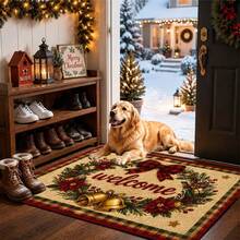 1pc Non-Slip Indoor/Outdoor Welcome Doormat, Suitable For Christmas, With Plaid Bow & Gold Bell, Felt Material, Machine Washable Thickened Mat, Suitable For Entryway, Living Room, Bedroom, Home Decor - Holiday Decoration - C - View 2