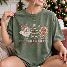 Women's Plus-Size Holiday-Themed Crew-Neck Short-Sleeve Top In Army Green–FeaturingaVintage-Style Christmas Print With Santa Claus And Gingerbread Men - Army Green - View 5
