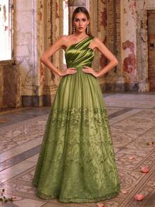 Mgiacy, New Arrival, Asymmetrical One-Shoulder Satin Pleated Colorblock Embroidered Lace Elegant Evening Gown, Suitable For Ball And Wedding Guest - Green - View 1