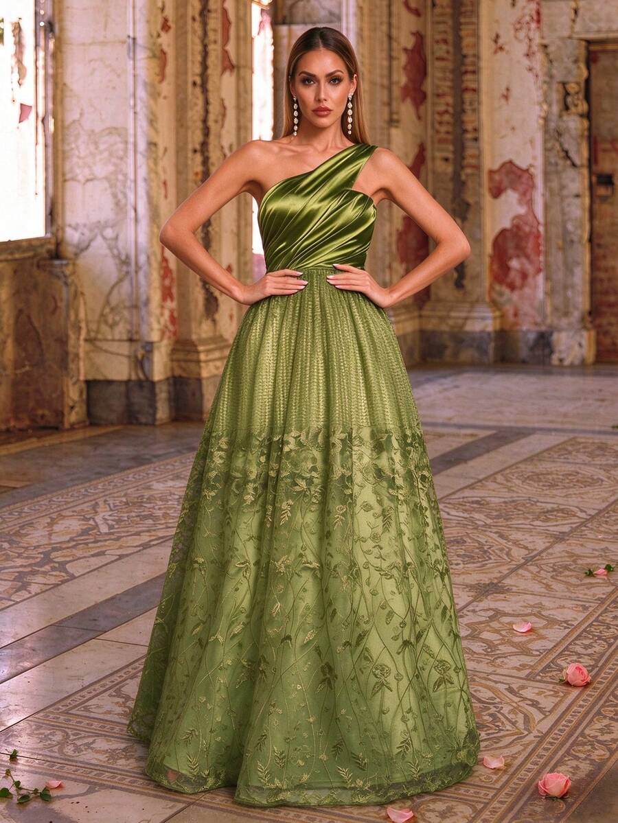 Mgiacy, New Arrival, Asymmetrical One-Shoulder Satin Pleated Colorblock Embroidered Lace Elegant Evening Gown, Suitable For Ball And Wedding Guest - Green - View 1
