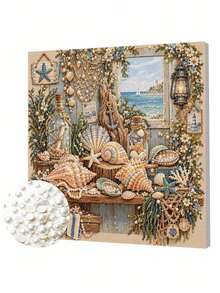 DIY Pearl Painting Kit With Frame, Nautical Ocean Seashell & Starfish Gem Art Picture, Handmade Home Wall Decor - A - View 7