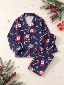 Tween Girls Cute Santa Claus & Candy Cane Print Front Button Long Sleeve Christmas Pajama Set, 2-Piece Top & Pants, Autumn/Winter Home Sleepwear Set - Navy Blue - View 8