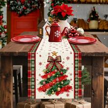1PC Red & Green Printed Christmas Table Runner, Plaid Edge Doodle Christmas Tree Leopard Print Bow Snowflake Design Rectangular Tablecloth, Suitable For Indoor Dining Room, Kitchen Table, Winter Holiday Home Decor, Family Gathering Party Supplies - Multicolor - View 14