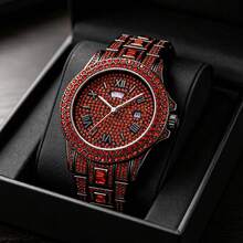 Men's Quartz Wristwatch With Heavy-Duty Full Rhinestone Inlaid Design, Roman Numerals, Day And Date Calendar, Personalized Style And More Options - one-size - View 6