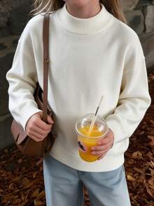 Girls Mock Neck Solid Knit Sweater, Cozy Long Sleeve Pullover For Fall Winter - White - View 9
