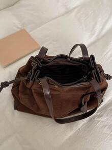 Autumn/Winter Vintage Brushed PU Shoulder Bag With Drawstring Hole Decor, Large Capacity Commuter Tote Bag - Coffee - View 7