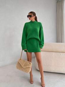 Lazy Street Style Knit Sweater Set, Semi-High Neck Drop Shoulder Pullover + Elastic Waist Mini A-Line Skirt, Soft Casual Autumn/Winter Women's Matching Outfit - Green - View 6