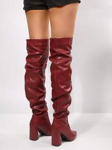 Women's Over-The-Knee Boots, Autumn/Winter Hot-Selling, Pointed Toe, Ruched, High Heel, Over-The-Knee Leather, Slip-On, Black, Elegant And Sexy - Burgundy - View 8