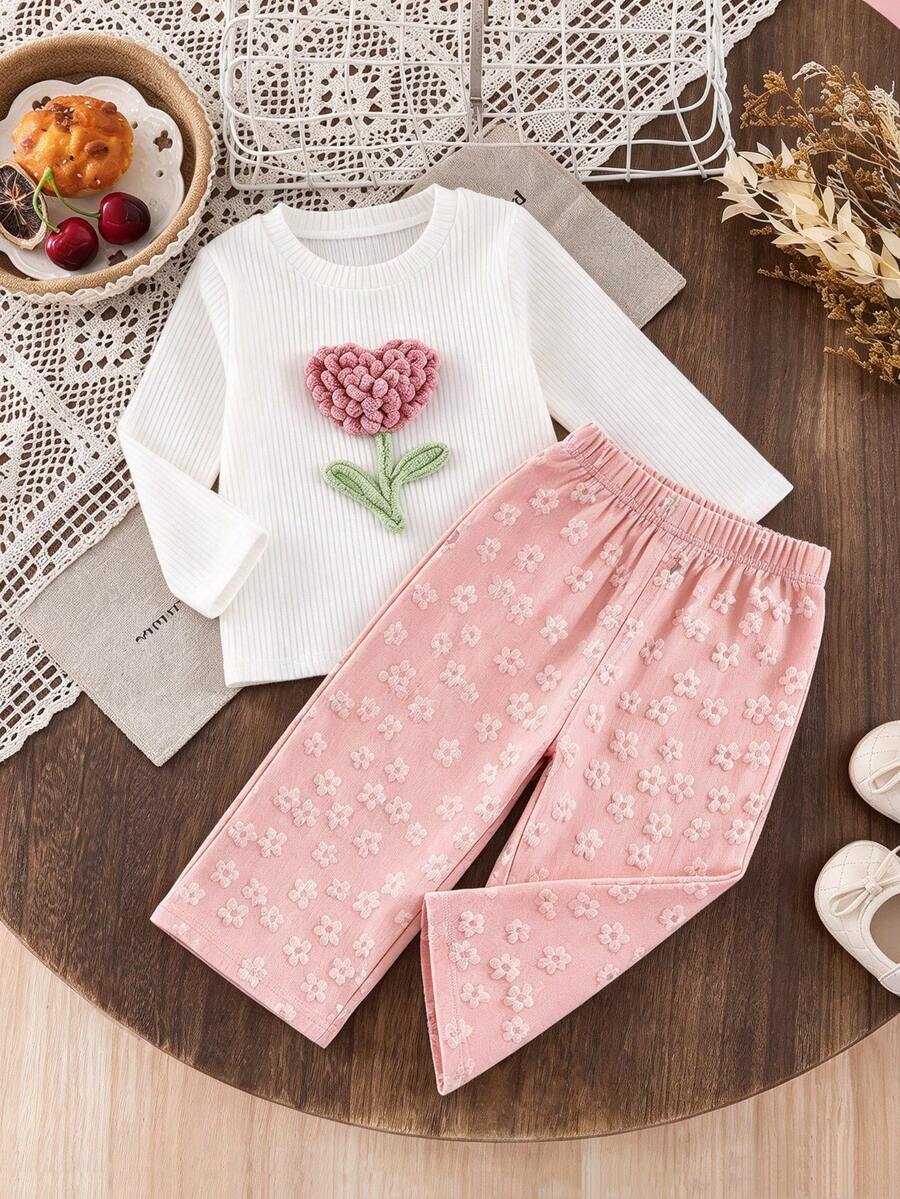 2pcs Baby Girl Autumn Towel Embroidery 3D Heart Decor Round Neck Long Sleeve Textured T-Shirt & Pants Set, Baby Girl White & Pink Set, Children Elastic Pink 3D Flower Wide Leg Pants, Comfortable Versatile Daily Spring - Pink - View 1