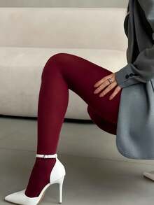1 Pair Women's Burgundy Thick Opaque Warm High Elastic Slim Fit Tights, Autumn/Winter - Multicolor - View 8