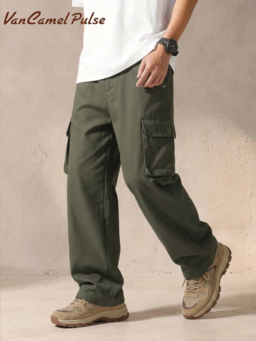 Vancamel Pulse Men's Outdoor Functional Style Cargo Pants With Large Pockets, Versatile Solid Color Minimalist Long Trousers - Army Green - View 1