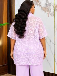 AOMEI Lavender Floral Jacquard Wrap Front Kimono Top Elegant Draped V Neck Batwing Sleeve Irregular Hem Party Blouse For Church Wedding Guest - Mauve Purple - View 2