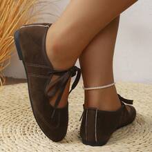 Women's Vintage Bow Solid Color Round Toe Low-Top Lace-Up Flat Mary Jane Shoes, Daily Commute Spring Autumn Coffee Brown Suede Ballet Flats - Brown - View 4