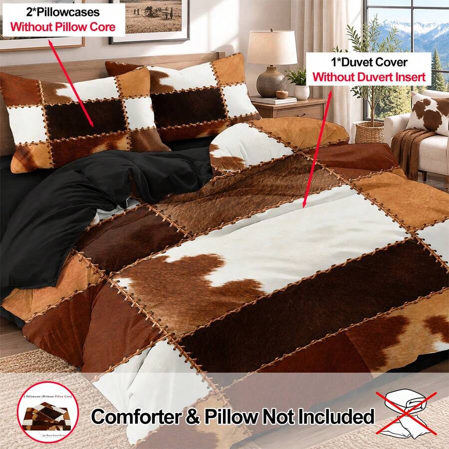 3pcs Western Ranch Faux Leather Patchwork Printed Duvet Cover Set (1 Duvet Cover + 2 Pillowcases, No Fill), Soft And Breathable Fabric, Machine Washable, Suitable For All Seasons, Bedroom And Guest Room Bedding Decor - Multicolor - View 1