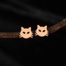 1 Pair Minimalist Cat Face Stud Earrings, Stainless Steel Cute Animal Ear Studs For Women Men - GED752 - View 3