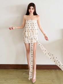 Top Dazzle Fashionable Women's Knitted Strapless Bodycon Dress Polka Dot Pattern, Sleeveless, And Short Length For A Chic Look - Apricot - View 10