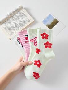4 Pasang Kaos Kaki Wanita Setengah Betis, Merah Muda & Putih, Motif Bunga & Huruf, Sederhana & Nyaman, Cocok Untuk Musim Semi, Gugur & Dingin, Warna Acak - Berwarna merah muda - View 7