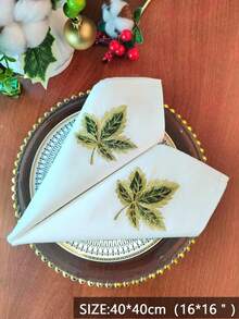 1pc/2pcs/4pcs 100% Polyester Embroidered Maple Leaf Cloth Napkins, White Reusable Napkins With Gold Green Leaf Embroidery, Suitable For Autumn Thanksgiving Christmas Wedding Banquet Party Table Decor - Multicolor - View 6