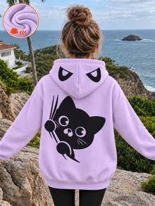 Tween Girl 1pc Thermal Lined Thick Warm Hooded Sweatshirt, Cute Cat Print, Youth Student Children's Clothing, Girls Autumn Winter Outfit - Purple - View 3