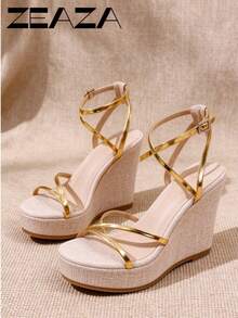 Women's Wedge Heel Thick Sole Sandals, Versatile New Style Suitable For All Seasons, Travel And Beach - Gold - View 3
