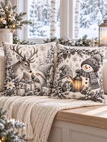 shangxia 2PCS--Vintage Gray Tone Gnome Snowman Pattern Printed Pillowcase, Snowflake Pine Cone Lantern Gift Holiday Sofa Cushion Cover-- (Pillow Insert Not Included) - Grey - View 8