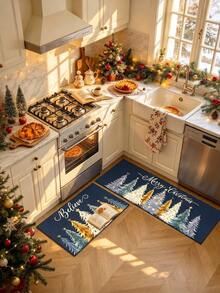 1/2 piezas Alfombra de decoración de cocina navideña, Feliz Navidad, patrón de diseño de árbol de Navidad, alfombra y tapete de cocina de invierno, antideslizante, lavable y absorbente, accesorios de decoración de cocina, ¡regalo navideño! - Multicolor - Ver 2