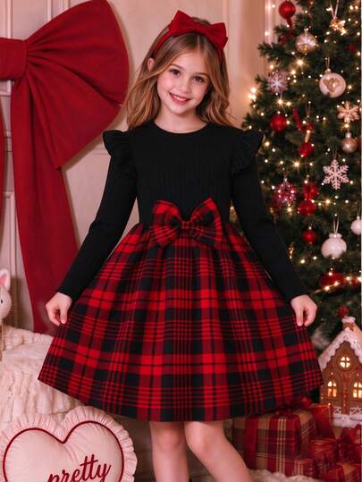 Tween Girls Christmas Vintage Red & Black Plaid Cap Sleeve Patchwork Bow Flutter Sleeve Ribbed Long Sleeve Round Neck Dress, Holiday Vibe Girls Plaid Princess Dress