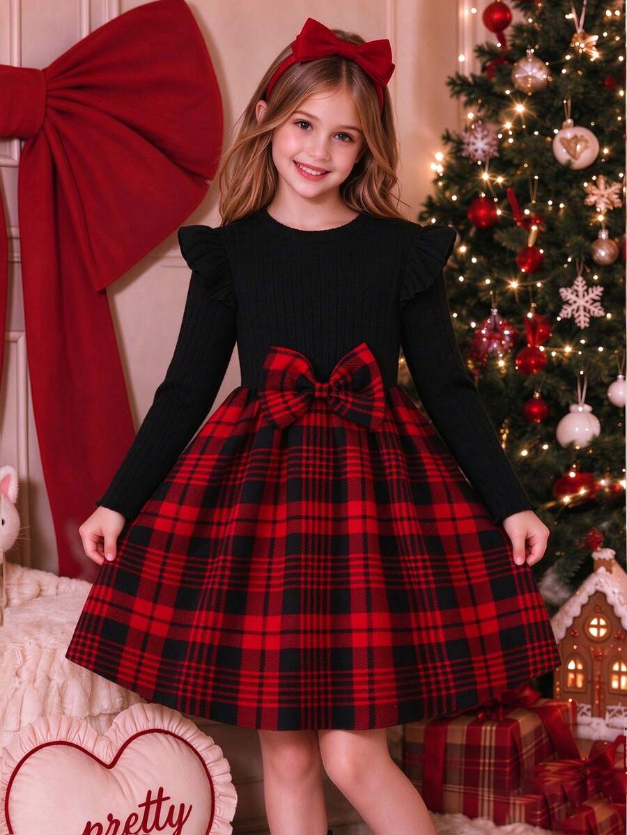 Tween Girls Christmas Vintage Red & Black Plaid Cap Sleeve Patchwork Bow Flutter Sleeve Ribbed Long Sleeve Round Neck Dress, Holiday Vibe Girls Plaid Princess Dress - Red and Black - View 1