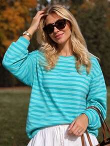 Women's Teal Green Striped Long Sleeve Crew Neck Pullover Sweatshirt, Polyester Ribbed Knit Sweatshirt, Regular Fit Top, Preppy Style Autumn - Cadet Blue - View 3
