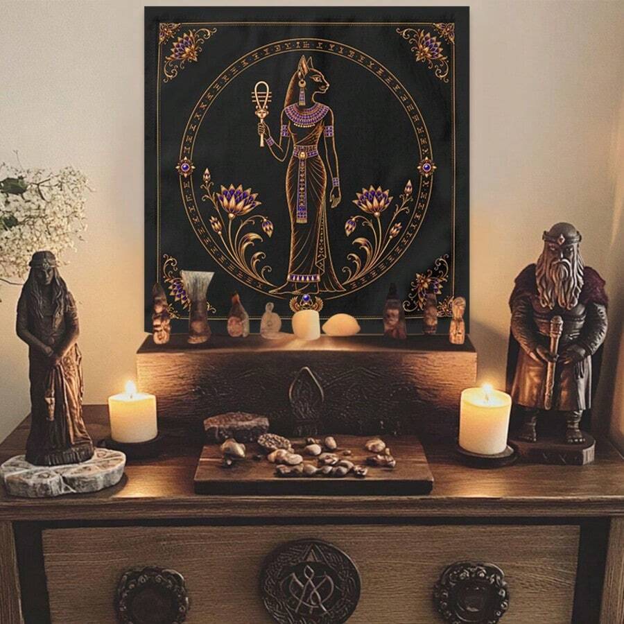 1pc Egyptian Bastet Cat Goddess Tarot Cloth, Witchy Square Altar Cloth Tarot Oracle Card Reading Mat, Golden Lotus Hieroglyph Print Table Cover Spiritual Home Decor - Multicolor - View 1