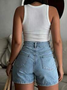 Women's Casual Denim Shorts (No Belt), Button And Pocket Design, Commute Casual, Straight Leg, Medium Comfort Stretch, Suitable For Bohemian Style - Light Wash - View 5