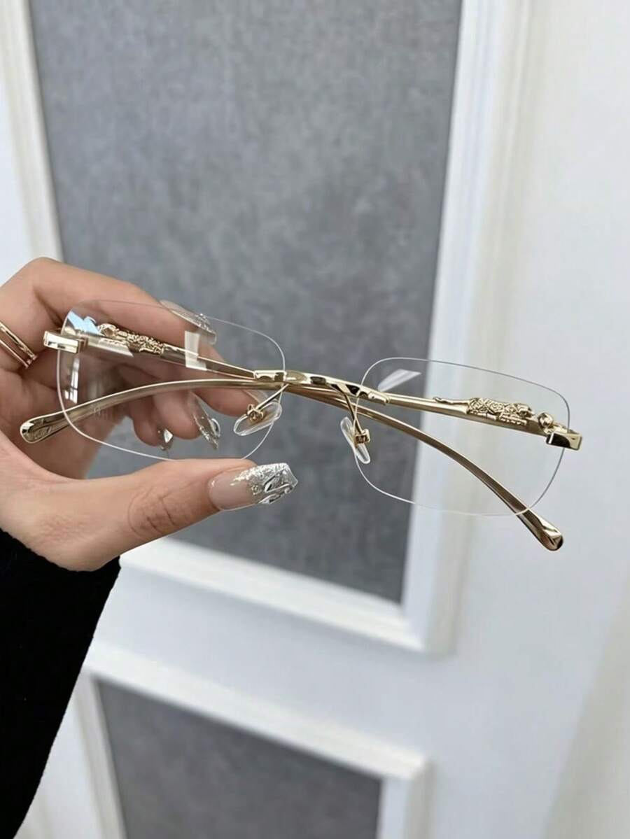 Vintage Gold Rimless Glasses, Leopard Print Design, Elegant Casual Style, Suitable For Daily Wear - Multicolor - View 1