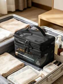 Mesh Makeup Organizer Bag With Matching Mesh Portable Storage Bag, Double Layer Large Capacity Transparent Toiletry Bag With Compartments, Portable Cosmetic Storage Bag For Travel And Business Trips - Multicolor - View 6