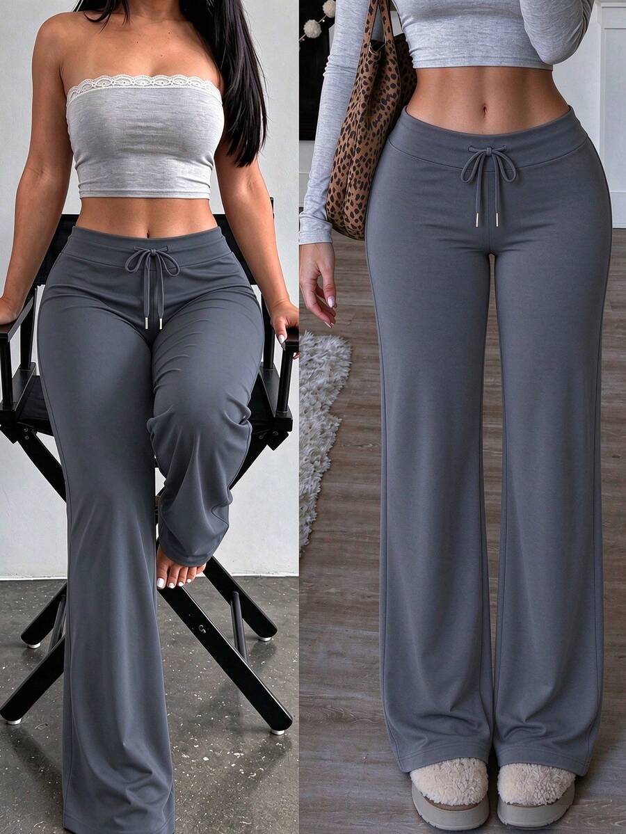 Women's Solid Color Long Loose Wide Leg Yoga Pants, Drawstring Design, Comfortable And Slimming, Suitable For Running, Fitness And Yoga - Dark Grey - View 1