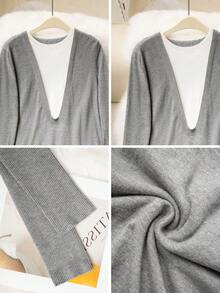 Commuter Style Deep V-Neck 2 In 1 Knit Sweater, Light Gray & White Contrast Collar Loose Long Sleeve Thin Top - Grey - View 10