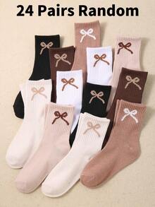 6/12/24 Pairs Random Bow Print Mid-Calf Socks For Girls, Cute Brown Cream Socks, Autumn/Winter School Socks, Baby Girl Essentials - Multicolor - View 10