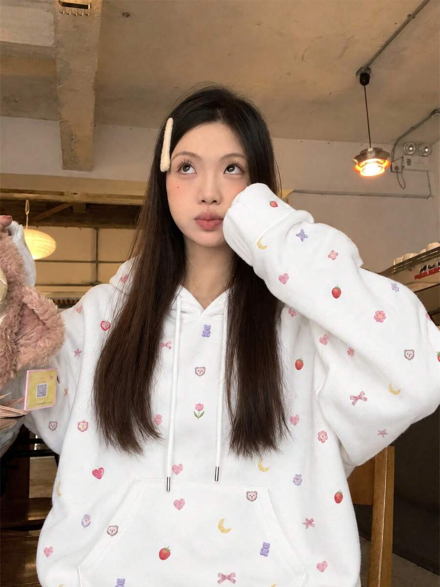 Autumn/Winter New Y2K Cute Girl Style Fruit Cartoon Print Loose Casual Sweatshirt Sweatshirt For Women - White - View 1